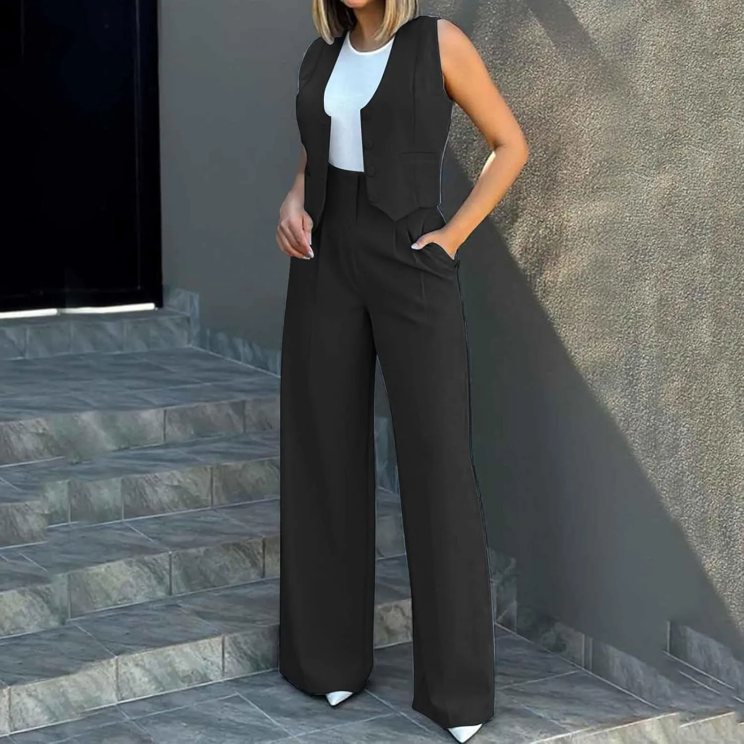 Women's 2 Piece Blazer Sets Outfits Sleeveless Suit Vest Cropped Tops and Wide Leg Pants Business Casual Pant Suits