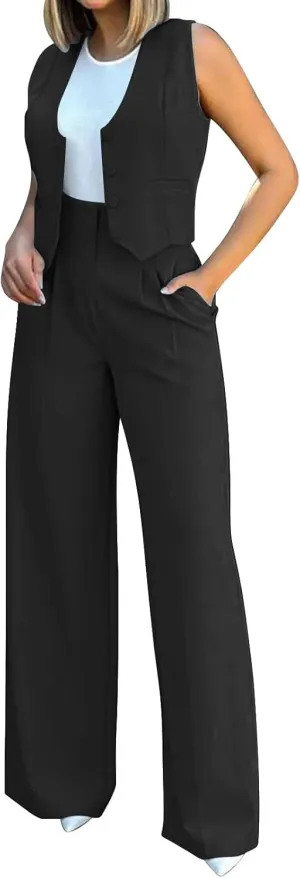 Women's 2 Piece Blazer Sets Outfits Sleeveless Suit Vest Cropped Tops and Wide Leg Pants Business Casual Pant Suits