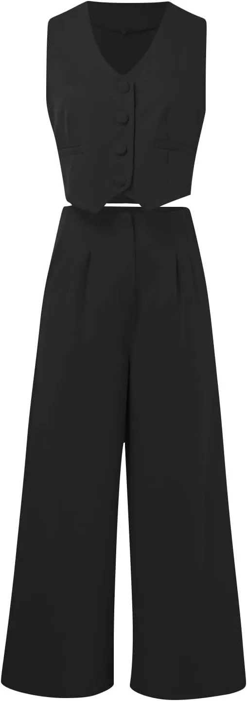 Women's 2 Piece Blazer Sets Outfits Sleeveless Suit Vest Cropped Tops and Wide Leg Pants Business Casual Pant Suits