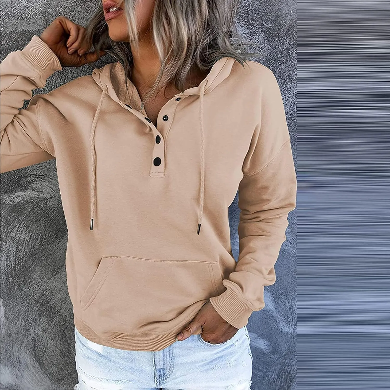 Womens 2022 Hooded Button Collar Drawstring Hoodies Pullover Sweatshirts Casual Long Sleeve Tops Shirts