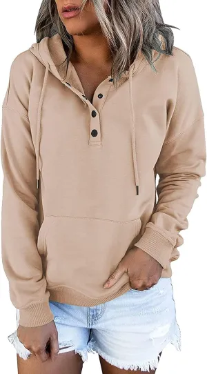 Womens 2022 Hooded Button Collar Drawstring Hoodies Pullover Sweatshirts Casual Long Sleeve Tops Shirts