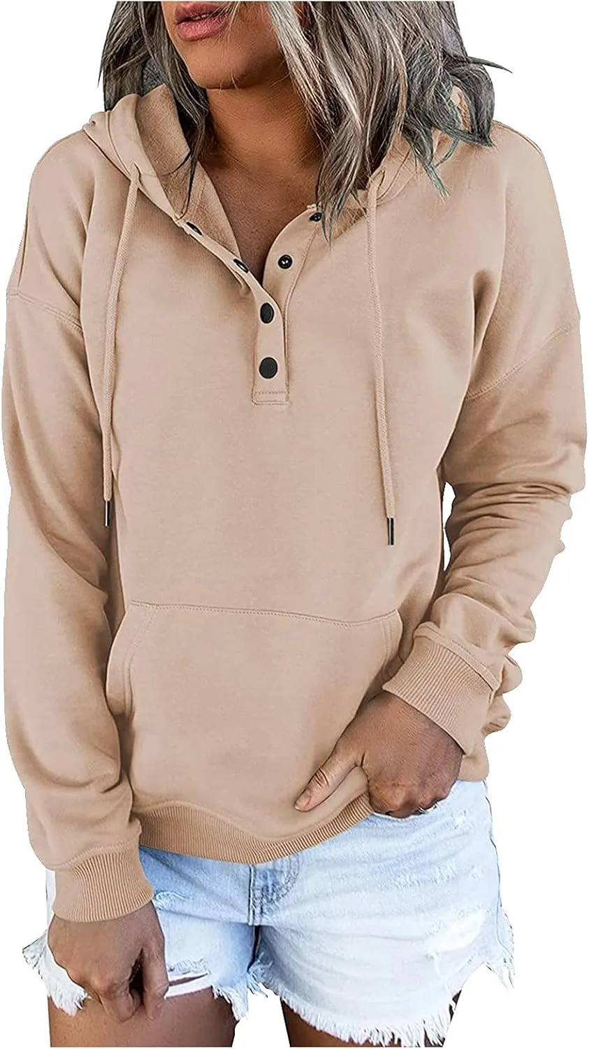 Womens 2022 Hooded Button Collar Drawstring Hoodies Pullover Sweatshirts Casual Long Sleeve Tops Shirts