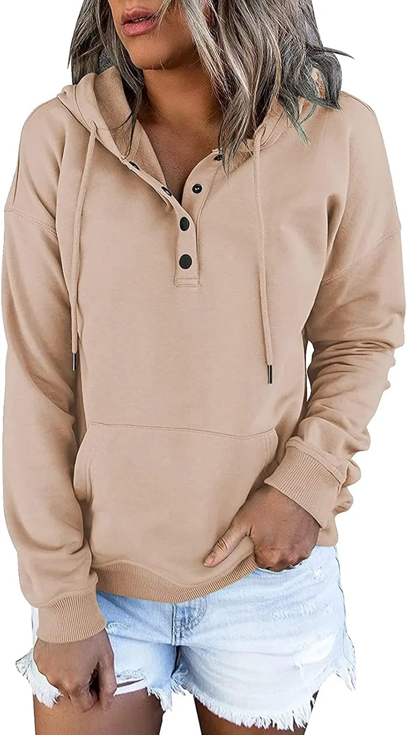 Womens 2022 Hooded Button Collar Drawstring Hoodies Pullover Sweatshirts Casual Long Sleeve Tops Shirts