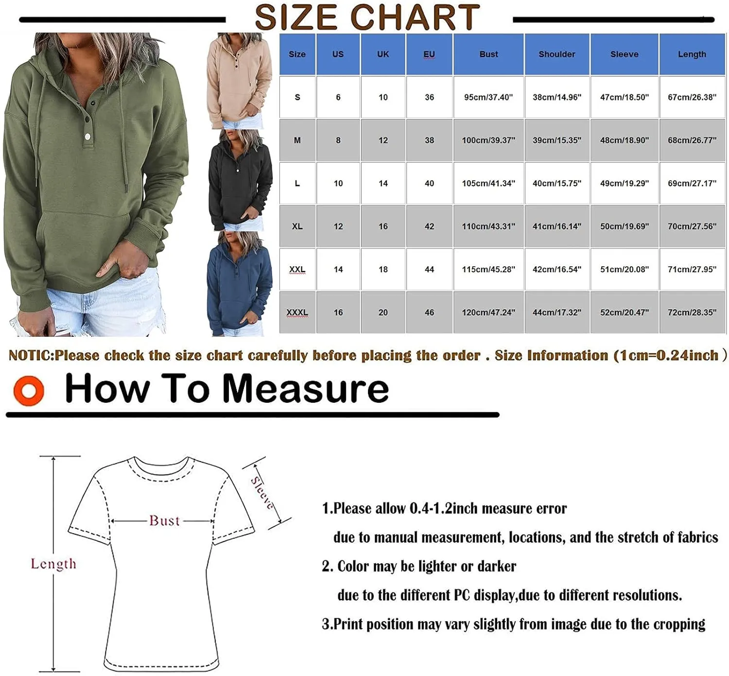 Womens 2022 Hooded Button Collar Drawstring Hoodies Pullover Sweatshirts Casual Long Sleeve Tops Shirts