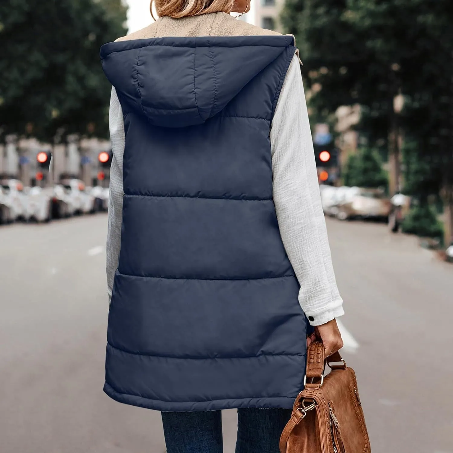 Womens 2024 Fall Fashion Reversible Vest Casual Sleeveless Lined Fleece Jacket Gilet Long Zip Up Warm Coat with Pocket