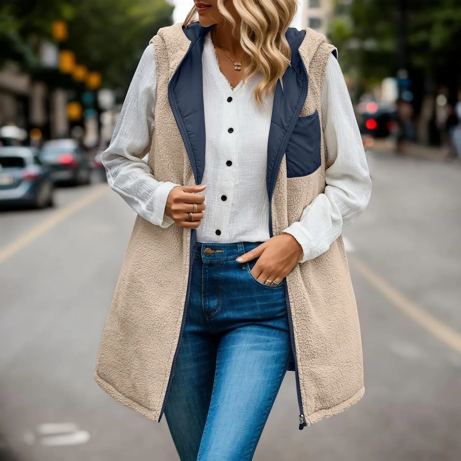 Womens 2024 Fall Fashion Reversible Vest Casual Sleeveless Lined Fleece Jacket Gilet Long Zip Up Warm Coat with Pocket