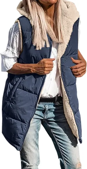Womens 2024 Fall Fashion Reversible Vest Casual Sleeveless Lined Fleece Jacket Gilet Long Zip Up Warm Coat with Pocket