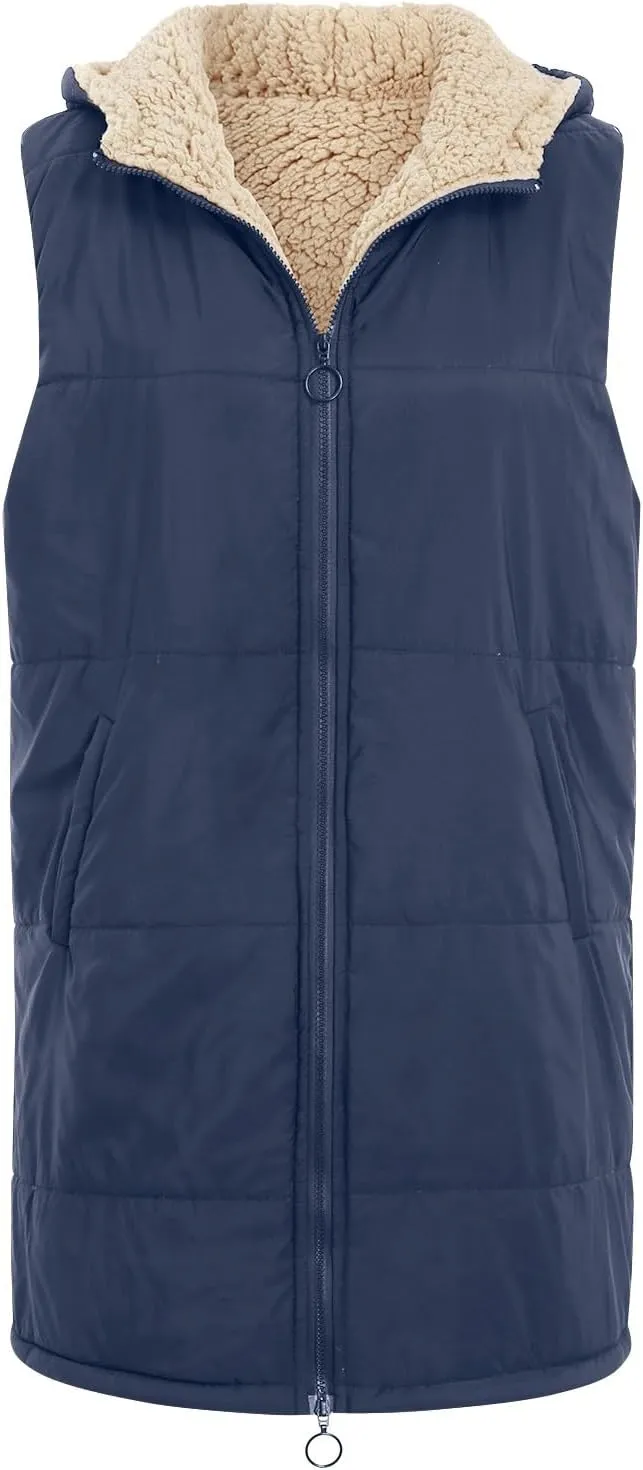 Womens 2024 Fall Fashion Reversible Vest Casual Sleeveless Lined Fleece Jacket Gilet Long Zip Up Warm Coat with Pocket