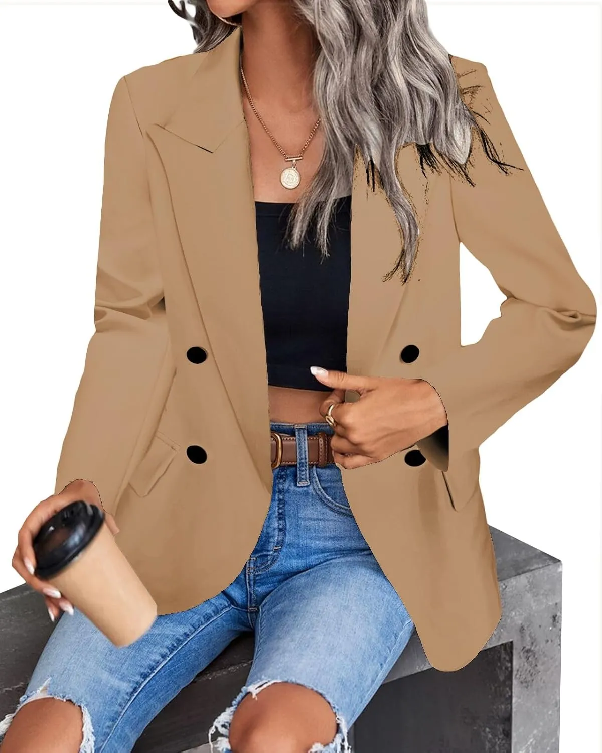 Women's 2024 Spring Casual Blazer Jackets Long Sleeve Lapel Pocket Loose Fit Work Casual Blazers Outerwear