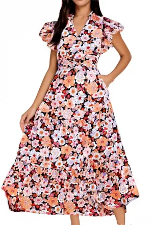 Women's 2025 Summer Floral Midi Dress Cap Sleeve V Neck Ruffle Long Flowy Boho Casual Beach Vacation Dresses