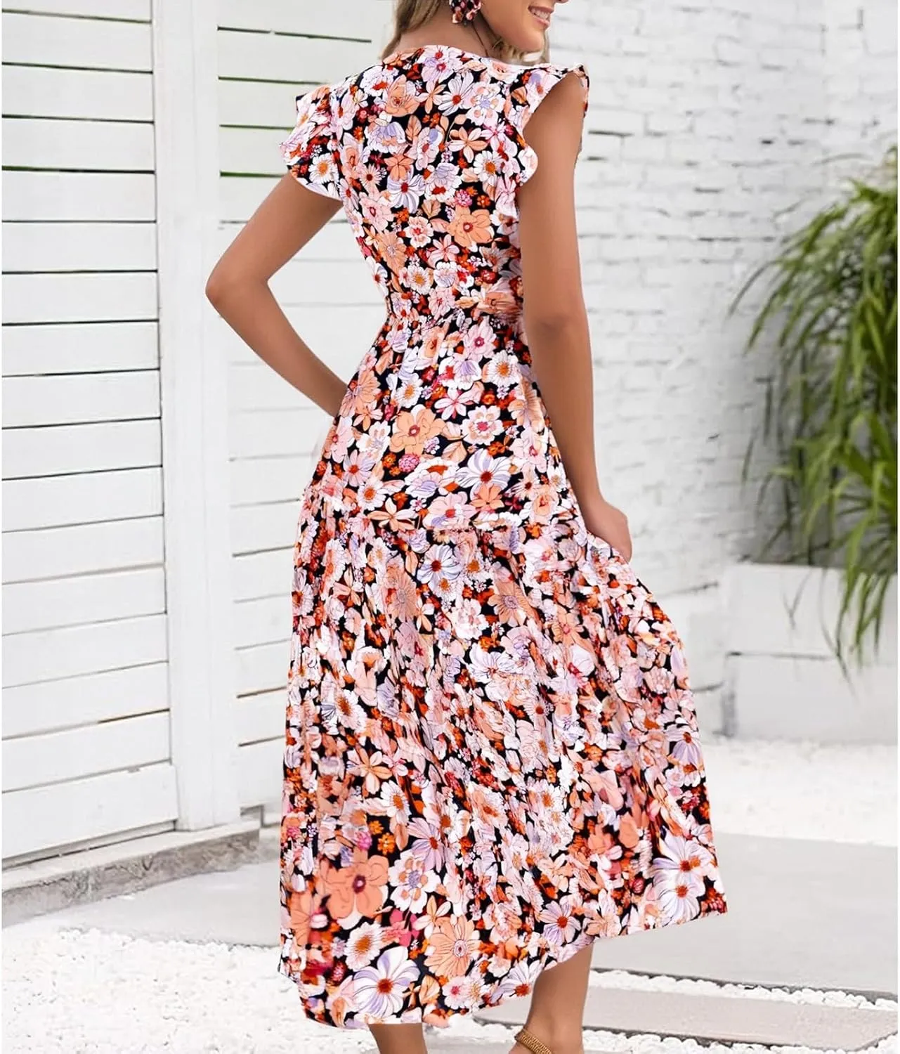Women's 2025 Summer Floral Midi Dress Cap Sleeve V Neck Ruffle Long Flowy Boho Casual Beach Vacation Dresses