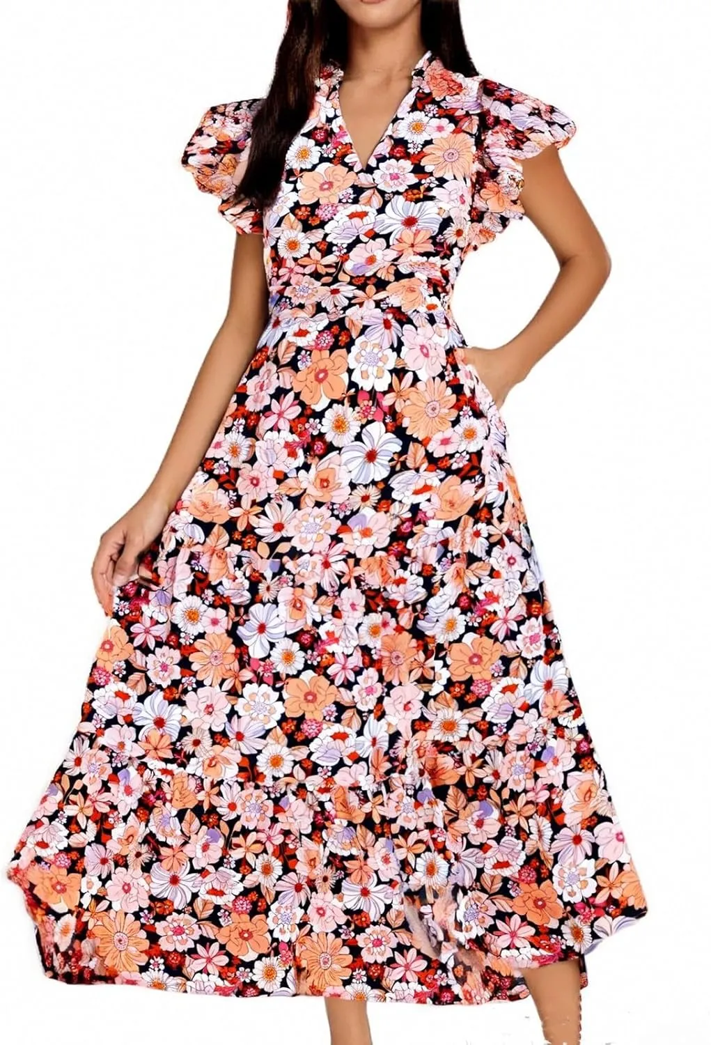 Women's 2025 Summer Floral Midi Dress Cap Sleeve V Neck Ruffle Long Flowy Boho Casual Beach Vacation Dresses
