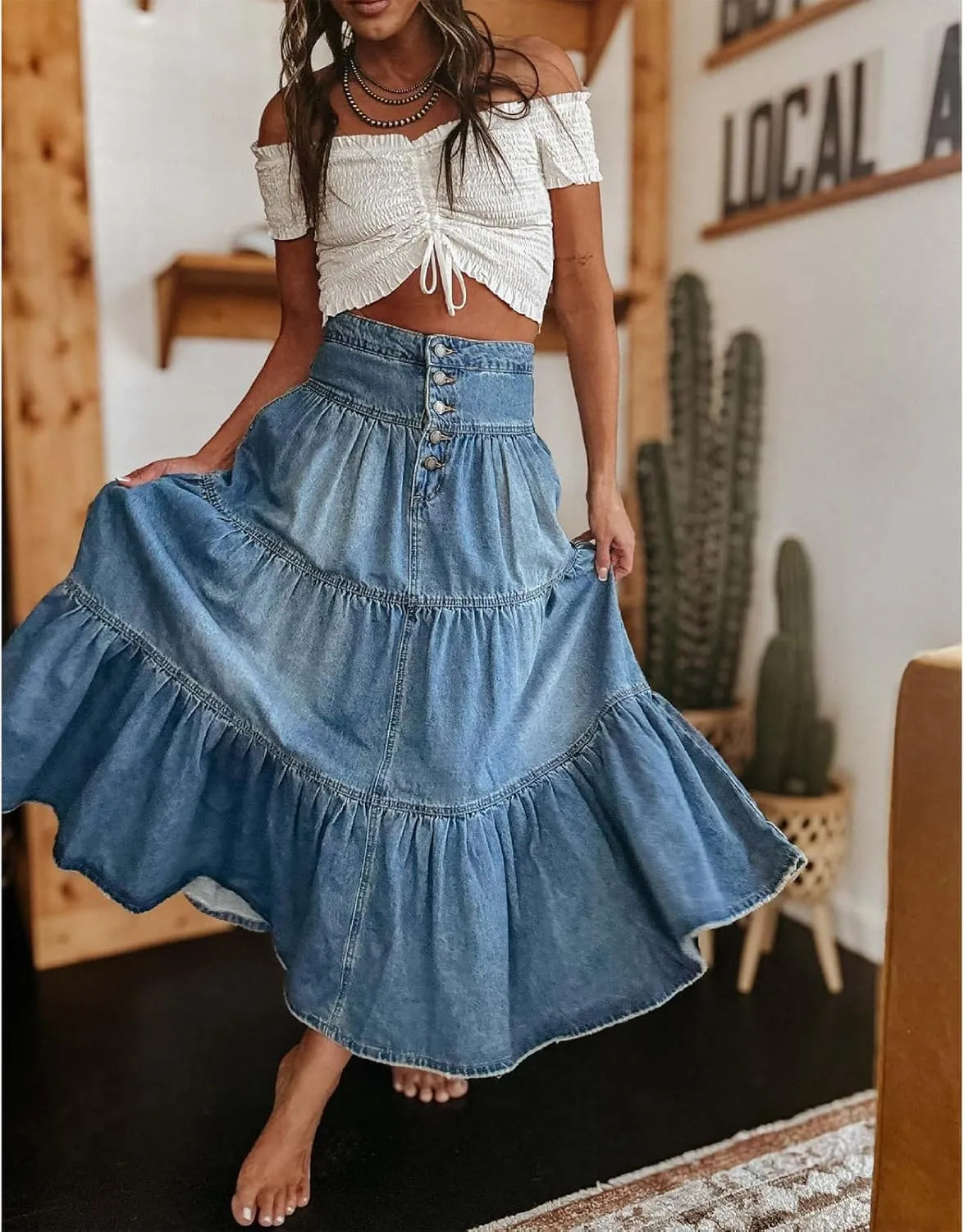 Womens A-Line Denim Long Skirts High Waist Ruffled Hem Midi Denim Skirt Stretchy Button Denim Maxi Skirt Streetwear