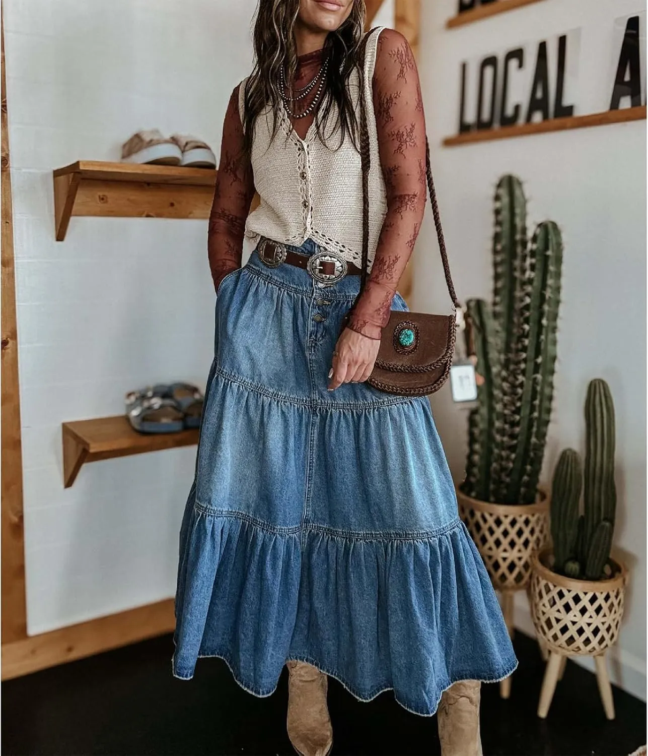 Womens A-Line Denim Long Skirts High Waist Ruffled Hem Midi Denim Skirt Stretchy Button Denim Maxi Skirt Streetwear