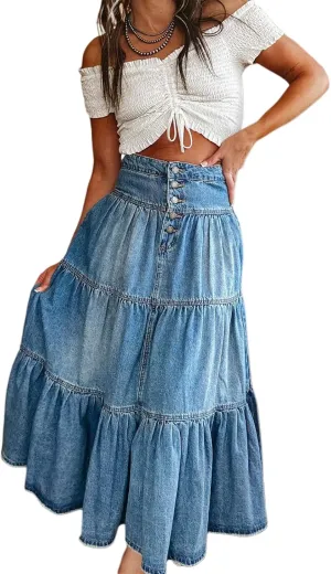 Womens A-Line Denim Long Skirts High Waist Ruffled Hem Midi Denim Skirt Stretchy Button Denim Maxi Skirt Streetwear