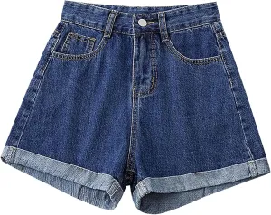 Women's A Line Wide-Leg Jean Shorts High Waisted Baggy Folded Hem Denim Shorts Comfy Loose Summer Beach Casual Short