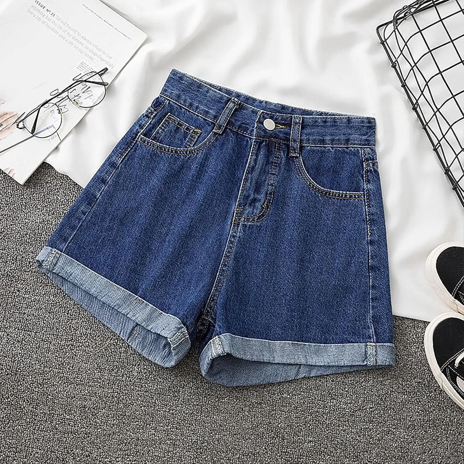 Women's A Line Wide-Leg Jean Shorts High Waisted Baggy Folded Hem Denim Shorts Comfy Loose Summer Beach Casual Short