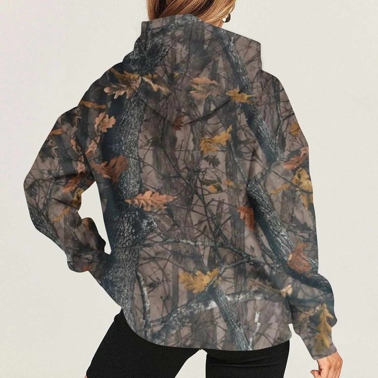 Women's Camo Hoodie Maple-Leaf Print Oversized Sweatshirt Fleece Hooded Sweatshirts with Pocket Classic Pullovers