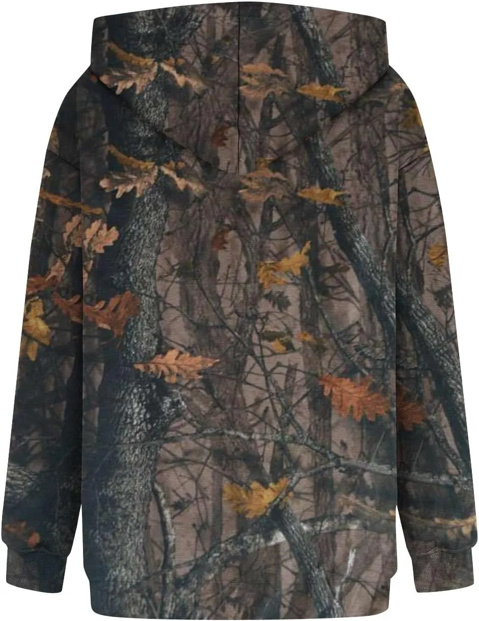 Women's Camo Hoodie Maple-Leaf Print Oversized Sweatshirt Fleece Hooded Sweatshirts with Pocket Classic Pullovers