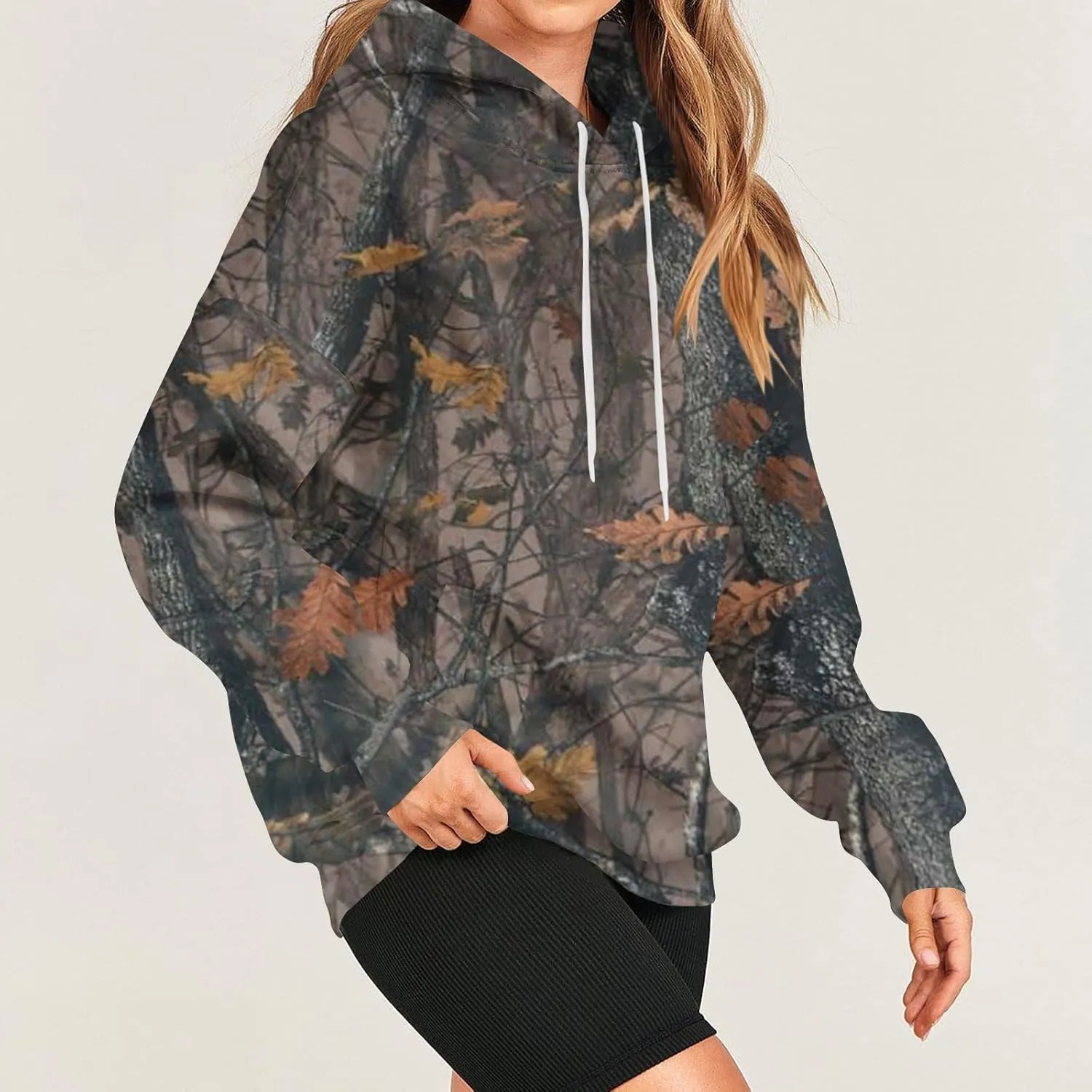 Women's Camo Hoodie Maple-Leaf Print Oversized Sweatshirt Fleece Hooded Sweatshirts with Pocket Classic Pullovers