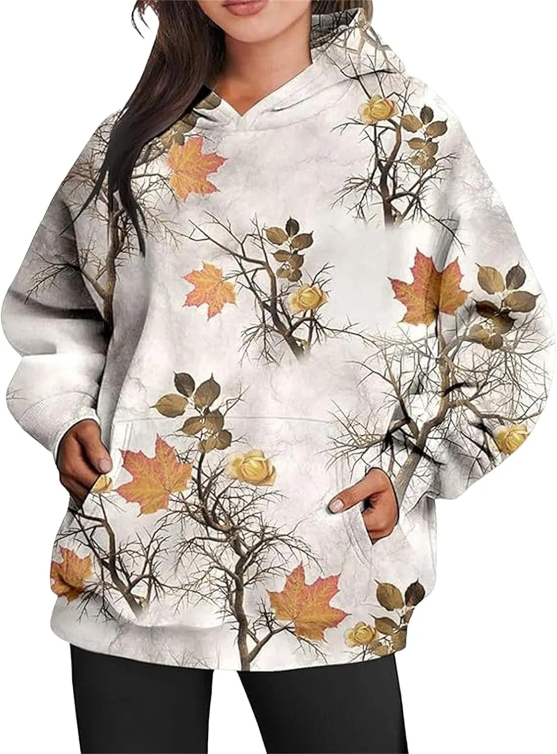 Womens Camo Hoodies Maple Leaf Print Oversized Hooded Sweatshirt Y2K Trendy Hoodie Casual Pullover Fall Spring Clothes