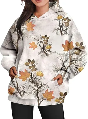 Womens Camo Hoodies Maple Leaf Print Oversized Hooded Sweatshirt Y2K Trendy Hoodie Casual Pullover Fall Spring Clothes