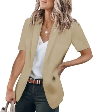 Women's Casual Blazers Business Casual Short Sleeve Blazer Work Office Dressy Suit Jackets Solid Button Lapel Blazer