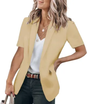 Women's Casual Blazers Business Casual Short Sleeve Blazer Work Office Dressy Suit Jackets Solid Button Lapel Blazer