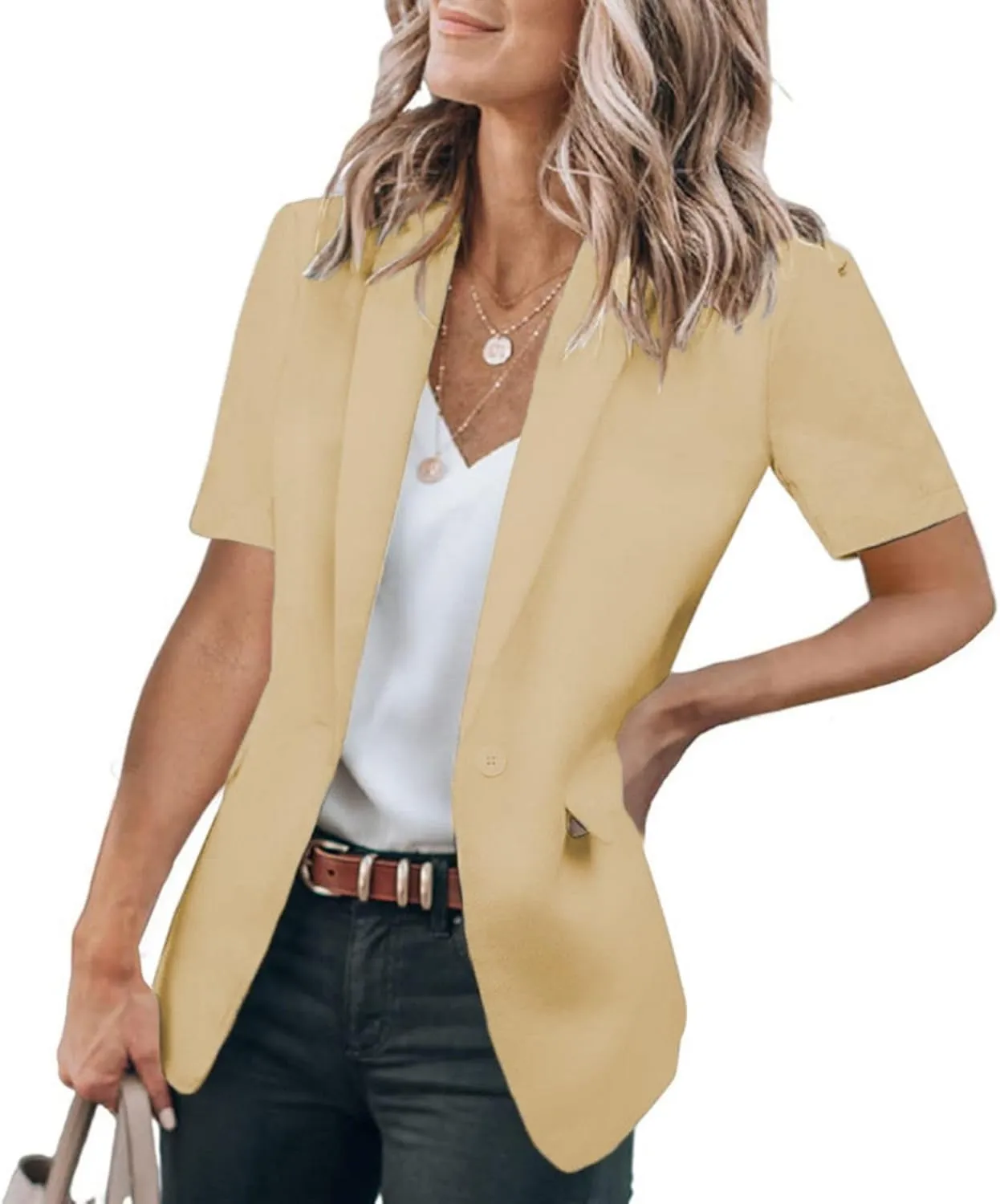 Women's Casual Blazers Business Casual Short Sleeve Blazer Work Office Dressy Suit Jackets Solid Button Lapel Blazer