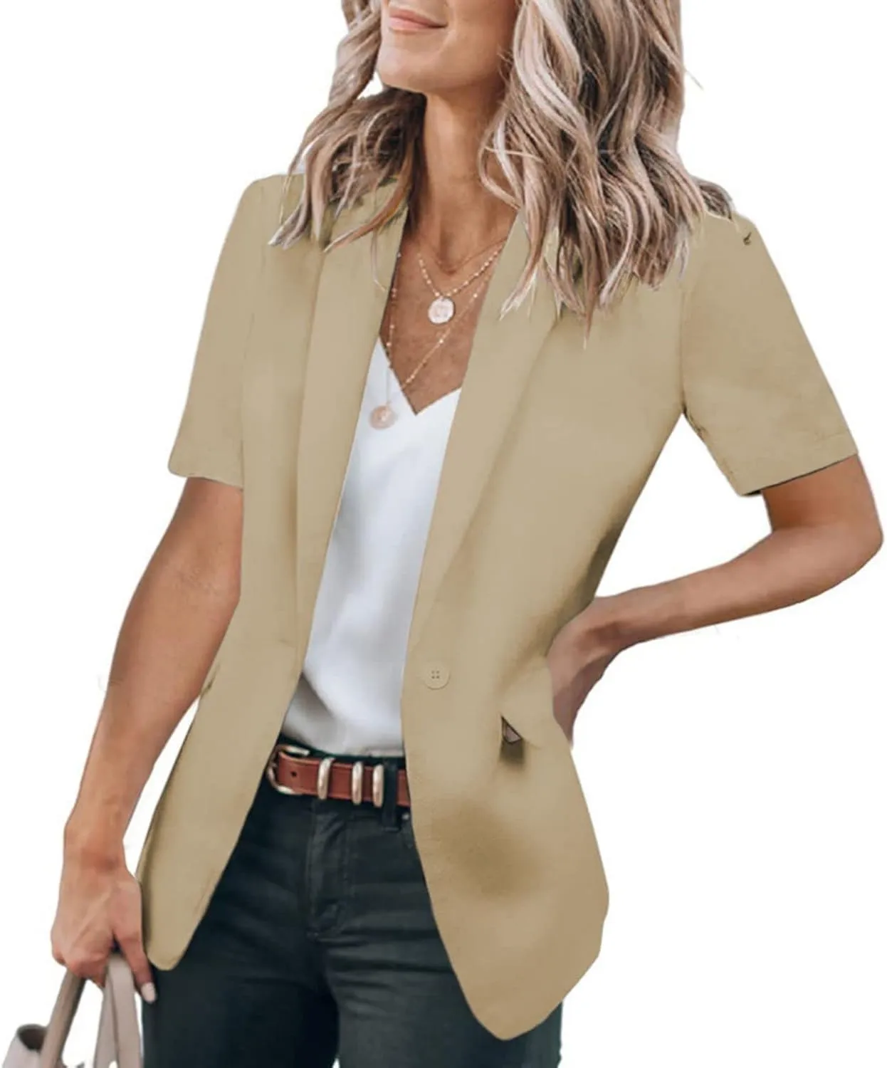 Women's Casual Blazers Business Casual Short Sleeve Blazer Work Office Dressy Suit Jackets Solid Button Lapel Blazer