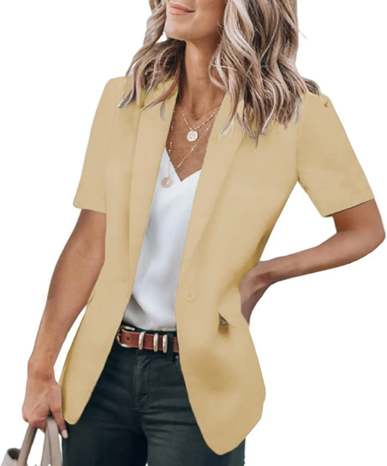 Women's Casual Blazers Business Casual Short Sleeve Blazer Work Office Dressy Suit Jackets Solid Button Lapel Blazer