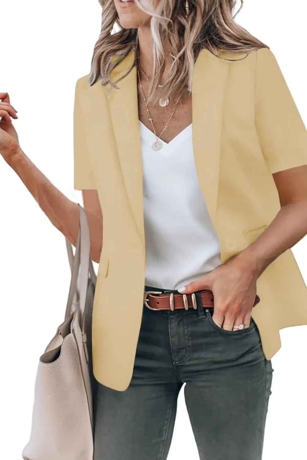 Women's Casual Blazers Business Casual Short Sleeve Blazer Work Office Dressy Suit Jackets Solid Button Lapel Blazer