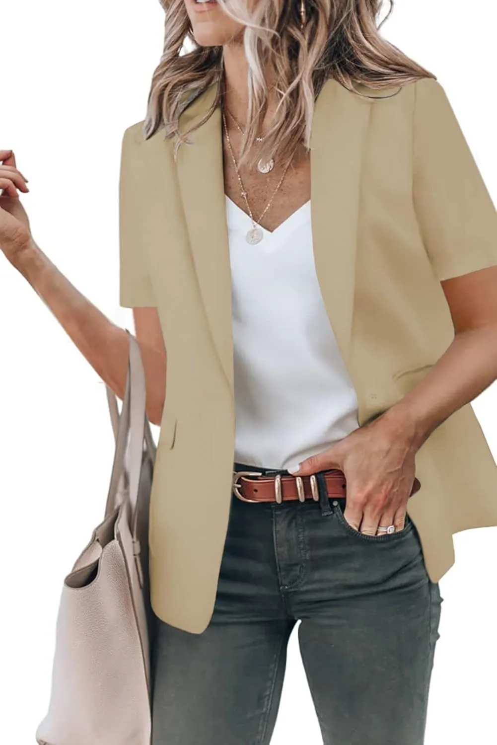 Women's Casual Blazers Business Casual Short Sleeve Blazer Work Office Dressy Suit Jackets Solid Button Lapel Blazer