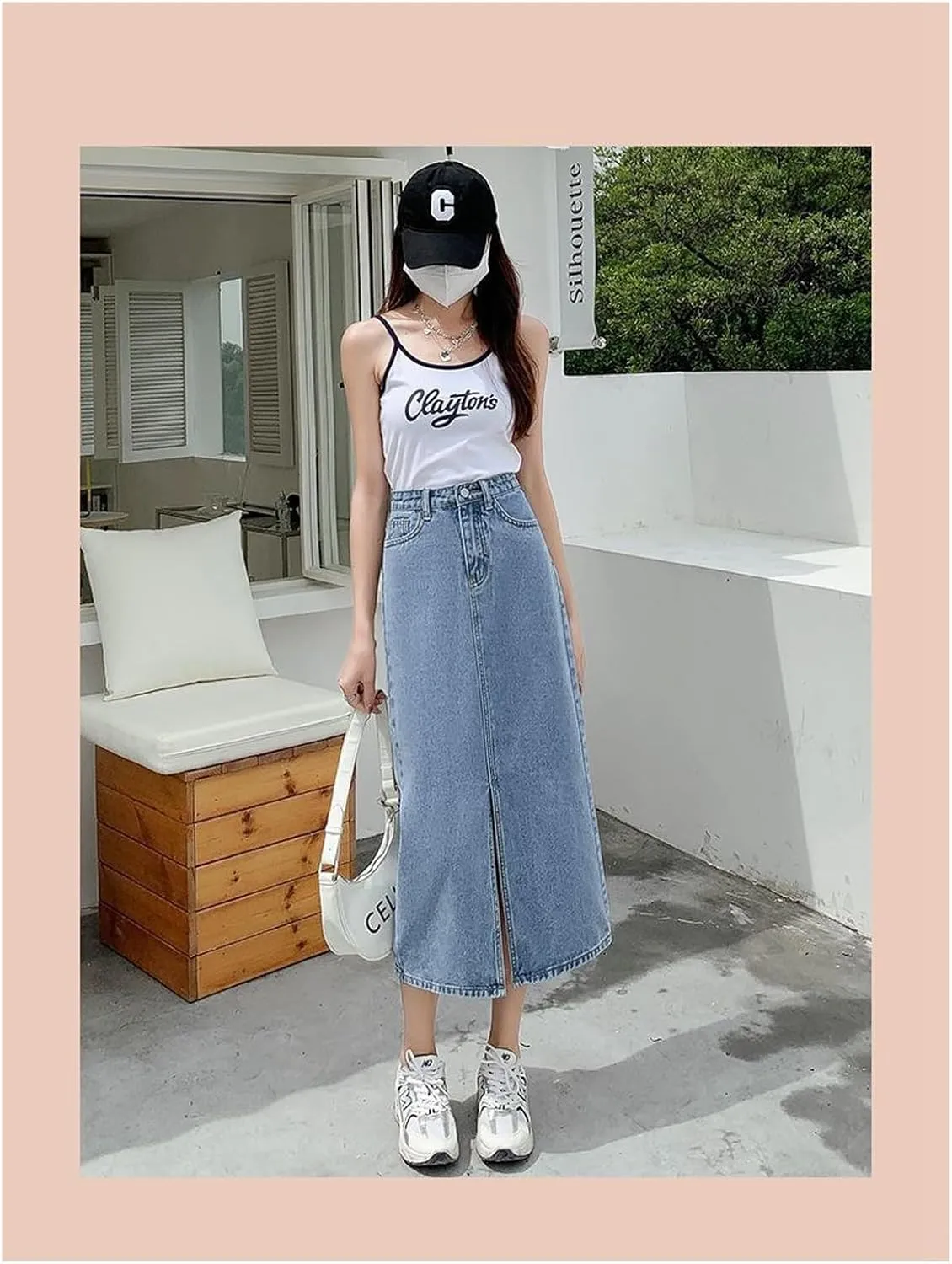 Women's Casual Denim Skirt high Waisted Slit Denim Long Skirt Slim fit A-line Swing Denim Long Skirt
