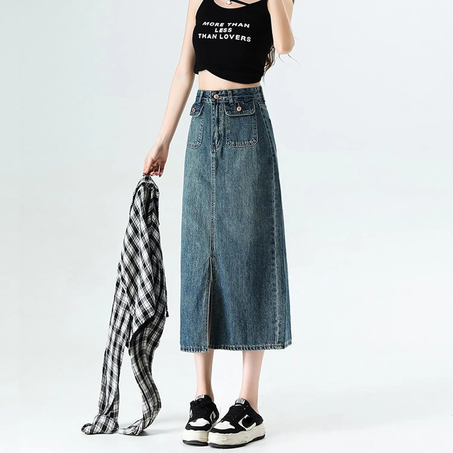 Women's Casual Denim Skirt high Waisted Slit Denim Long Skirt Slim fit A-line Swing Denim Long Skirt
