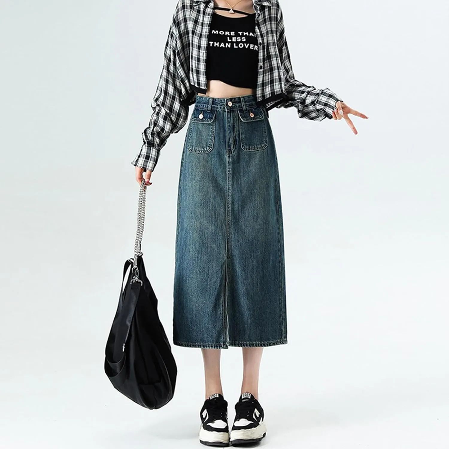 Women's Casual Denim Skirt high Waisted Slit Denim Long Skirt Slim fit A-line Swing Denim Long Skirt