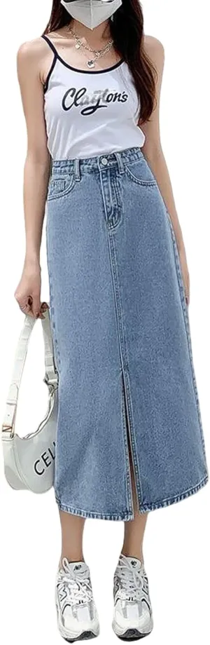 Women's Casual Denim Skirt high Waisted Slit Denim Long Skirt Slim fit A-line Swing Denim Long Skirt