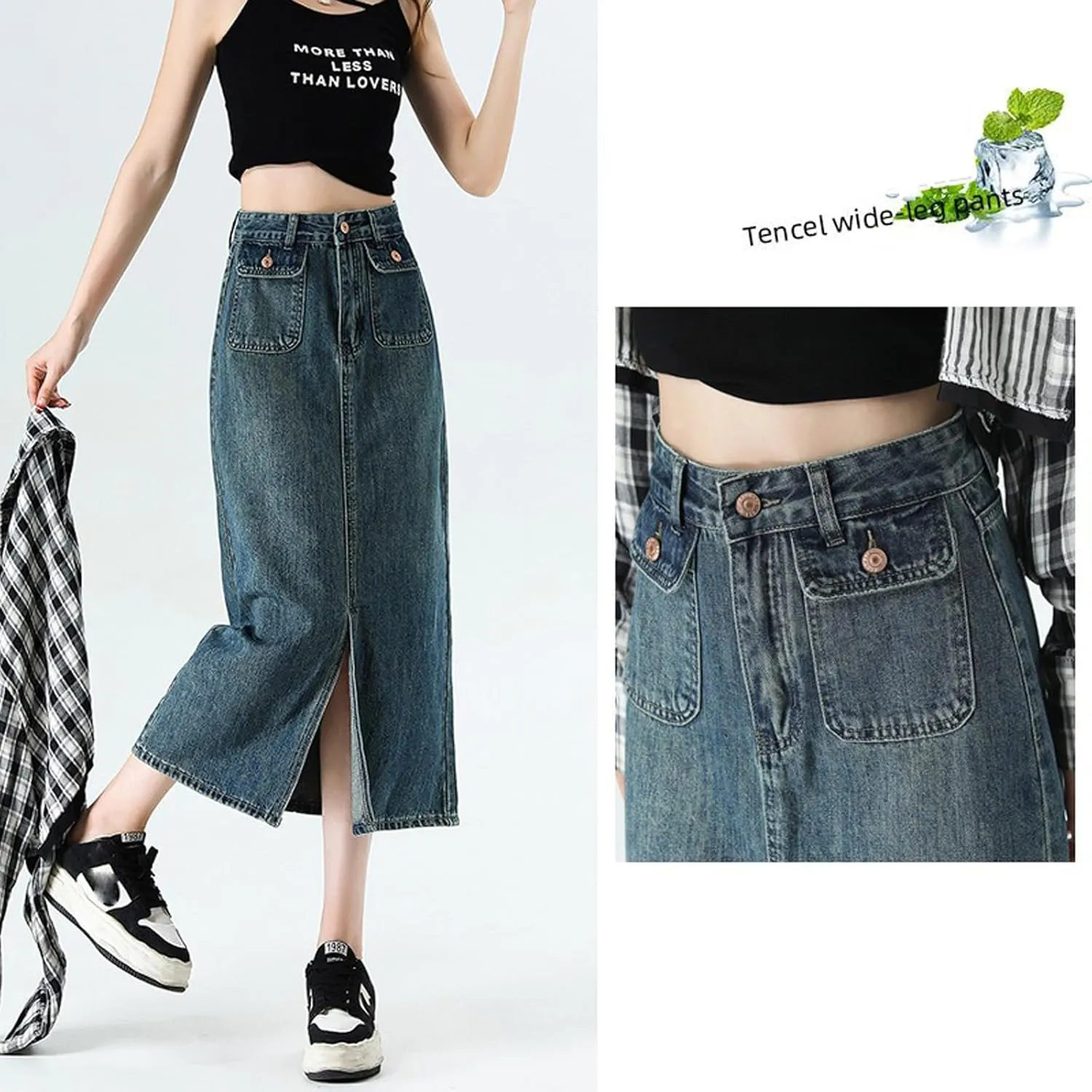 Women's Casual Denim Skirt high Waisted Slit Denim Long Skirt Slim fit A-line Swing Denim Long Skirt