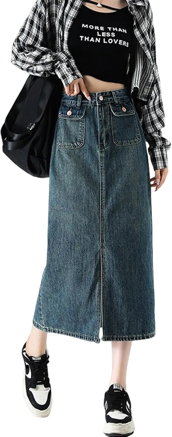 Women's Casual Denim Skirt high Waisted Slit Denim Long Skirt Slim fit A-line Swing Denim Long Skirt