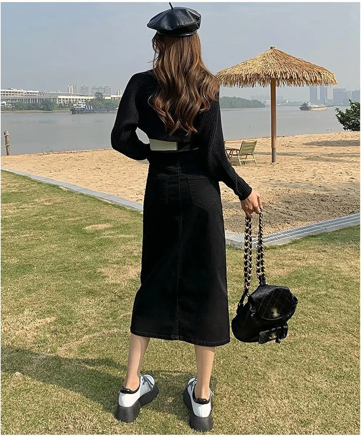 Women's Casual Denim Skirt high Waisted Slit Denim Long Skirt Slim fit A-line Swing Denim Long Skirt