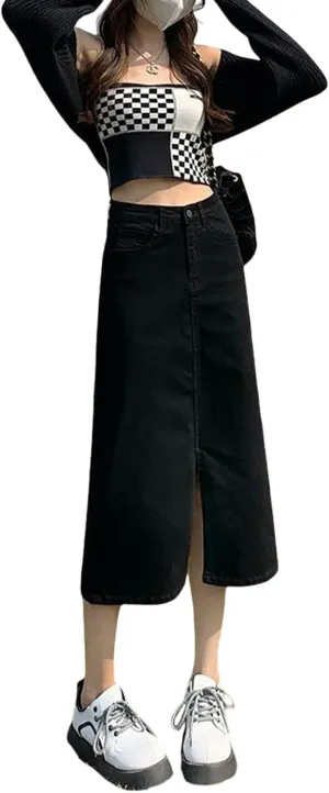 Women's Casual Denim Skirt high Waisted Slit Denim Long Skirt Slim fit A-line Swing Denim Long Skirt