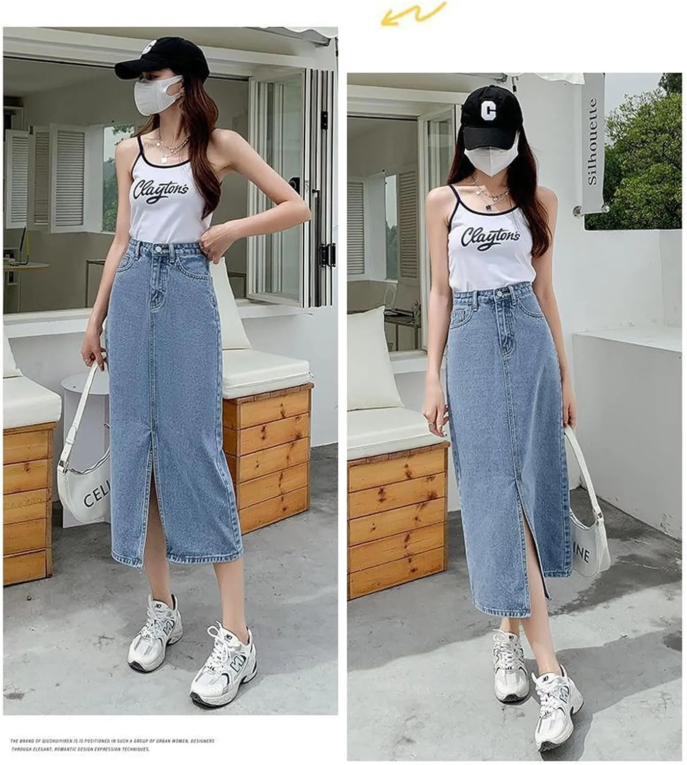 Women's Casual Denim Skirt high Waisted Slit Denim Long Skirt Slim fit A-line Swing Denim Long Skirt