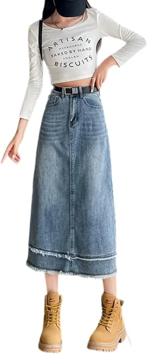 Women's Casual Denim Skirt, high Waisted Slit Denim Skirt, Retro raw Edge Denim Long Skirt, high Waisted Denim Skirt