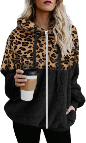 Women's Casual Fuzzy Hoodies Faux Fleece Zip Up Leopard Jackets Drawstring Hooded Sherpa Sweatshirt Fall Trendy Outwear