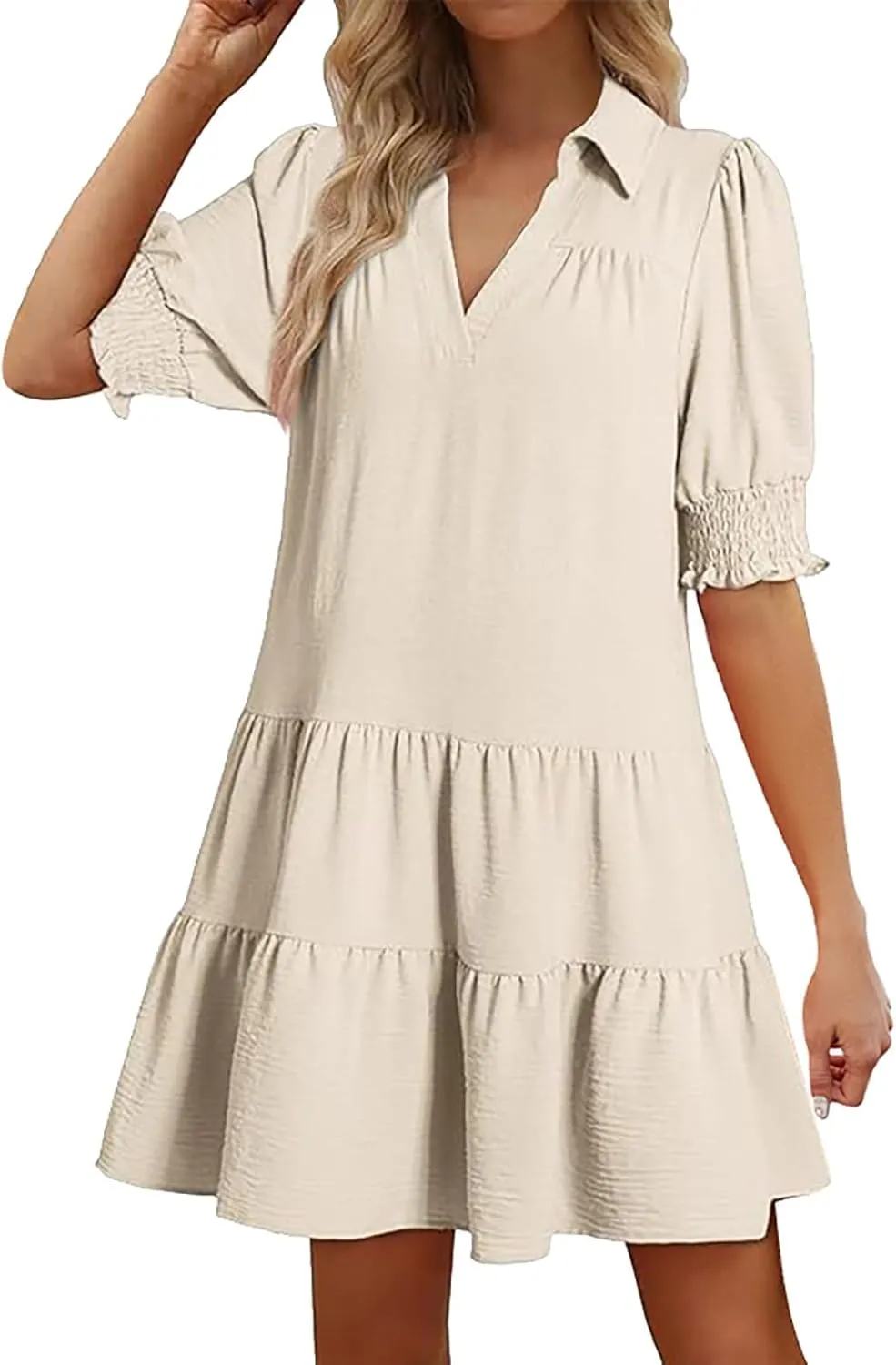Women's Casual Lapel V-Neck Ruffle Sleeve Pleated Dress Collared Swing Mini Dresses Tiered A Line Dress Trendy