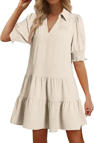 Women's Casual Lapel V-Neck Ruffle Sleeve Pleated Dress Collared Swing Mini Dresses Tiered A Line Dress Trendy