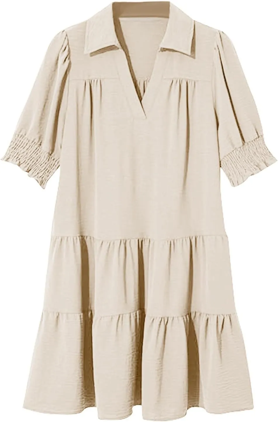 Women's Casual Lapel V-Neck Ruffle Sleeve Pleated Dress Collared Swing Mini Dresses Tiered A Line Dress Trendy