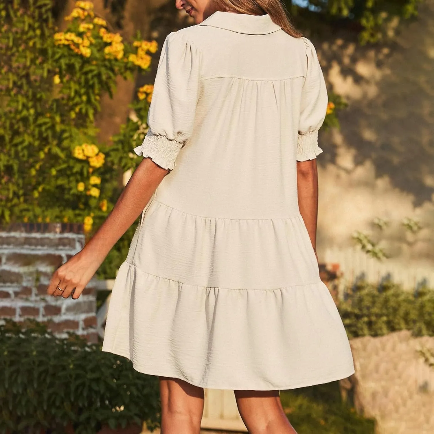 Women's Casual Lapel V-Neck Ruffle Sleeve Pleated Dress Collared Swing Mini Dresses Tiered A Line Dress Trendy