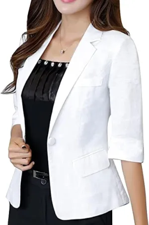 Womens Casual Solid Cotton Linen 3/4 Sleeve Short OL Work Blazer Jacket Coat Pocket with Flip Cover