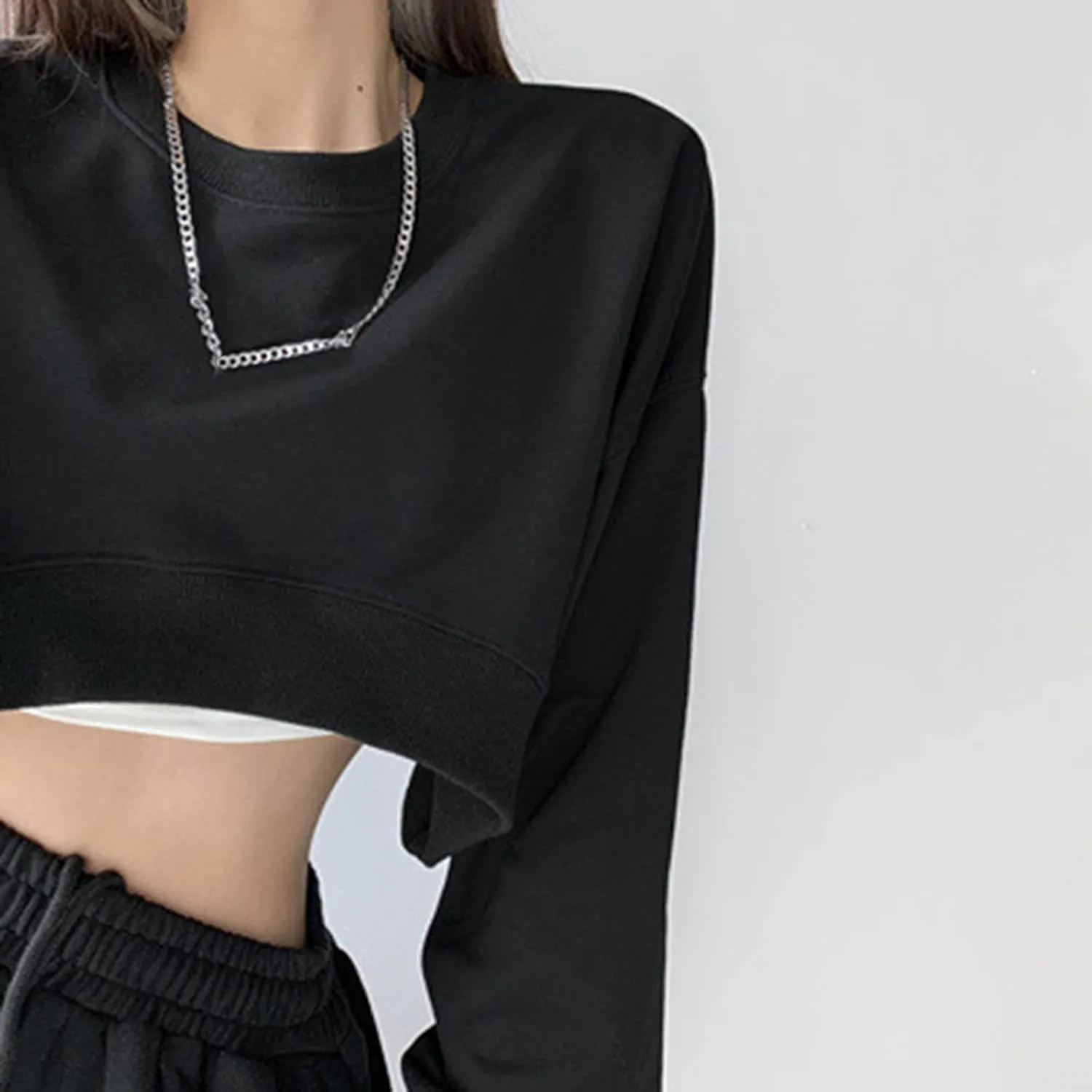 Womens Casual Solid Long Sleeve Loose Round Neck Crop Top Sweatshirt Tops Womens Plus Size Fleece Jacket Oversized Y2K Hoodie